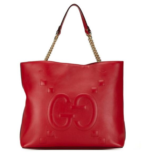 Logo Chain Shoulder Bag Apollo GG Handbag Tote Bag Red Leather New - Picture 1 of 10